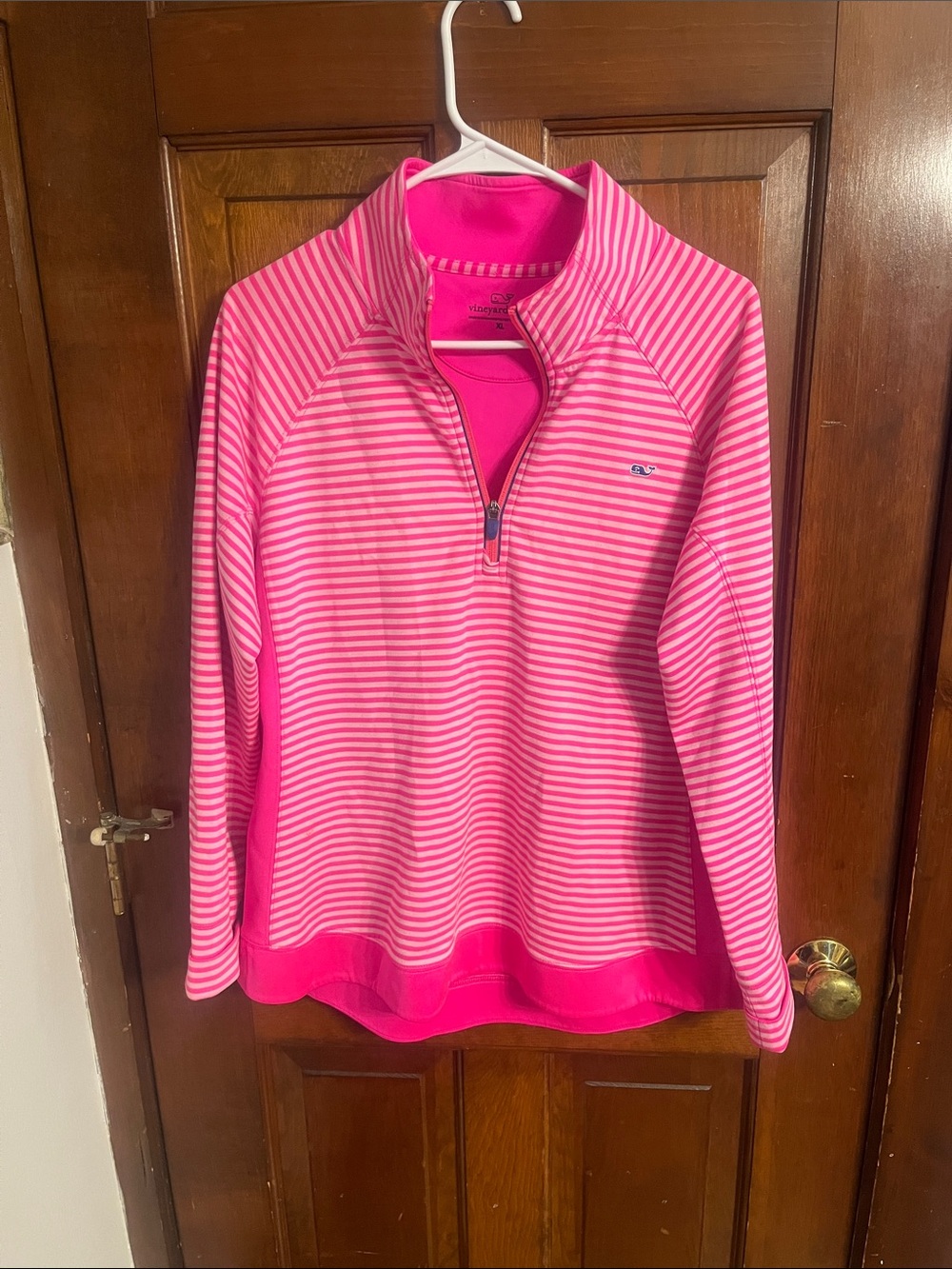 Vineyard Vines Pink & White Striped Quarter‑Zip Pullover- Pinehills Golf Club
